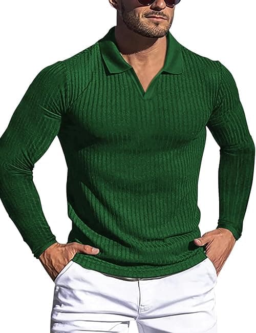 Men's Muscle V Neck Polo Shirts Slim Fit Short Long Sleeve Cotton Golf T-Shirts Ribbed Knit Soft Tees on Amazon.ae - Price Tracker
