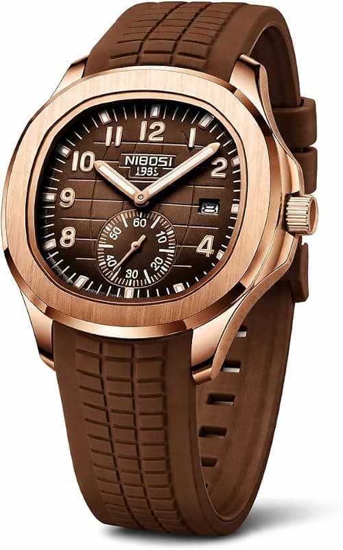 NIBOSI Luxury Men's Watch, Rose Gold Case with Brown Silicone Band, Analog Display, Date Function on Amazon.ae - Price Tracker