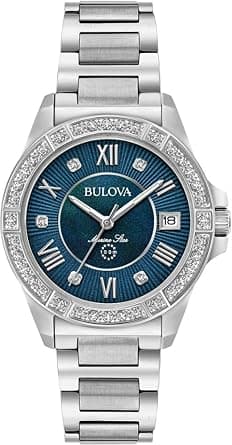 Bulova Ladies' Marine Star Diamond Stainless Steel 3-Hand Quartz Watch, Blue Mother-of-Pearl Dial and Sapphire Crystal and Sapphire Crystal Style: 96R215 على Amazon.ae - متتبع الأسعار