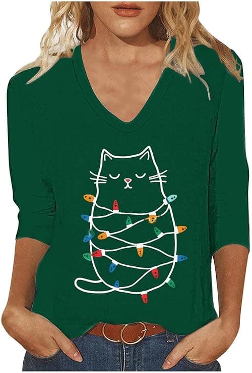 Christmas T Shirts Women Ugly Xmas Jumper Long Sleeve Tops V Neck T Shirts Merry Christmas Tree Snowflakes Gnome Cat Blouses Funny Xmas Tops Tunic Casual Holiday Tee Shirt on Amazon.ae - Price Tracker
