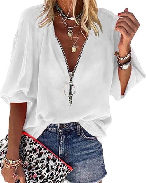 Cnkwei Womens V-Neck Lantern Sleeve Blouse Zipper Design Loose Casual Top Shirts on Amazon.ae - Price Tracker