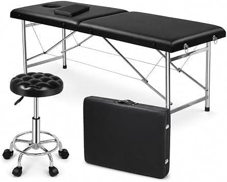 SKY-TOUCH Portable Massage Bed and Swivel Chair Set: Foldable Massage Bed Height-adjustable Swivel Chair With Pillow Stainless Steel Frame Fold Design Suitable for SPA Salons Tattoo Massage Black on Amazon.ae - Price Tracker