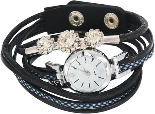 Watches for Women - Rhinestone PU Strap Round Dial Quartz Bracelet Ladies Fashion Casual Watch Wristwatch - Black on Amazon.ae - Price Tracker
