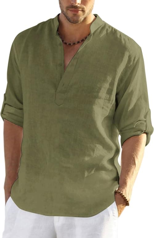 COOFANDY Men's Cotton Linen Henley Shirt Long Sleeve Hippie Casual Beach T Shirts Army Green on Amazon - Best Deal Finder