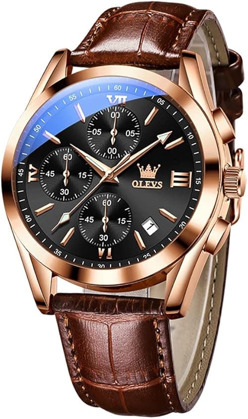 OLEVS Mens Watches-Chronograph Fashion Casual Analog Quartz Watch Waterproof, Dress Luminous Wrist Watches with Leather Strap for Men Black/Brown/White/Blue Dial (brownbandrosecaseblackdial) on Amazon.ae - Price Tracker