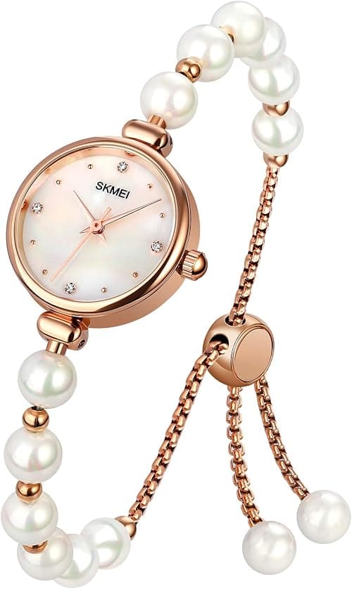 Skmei Watches for Women Elegant Bracelet Set Rose Gold Rhinestone Wrist Watch with Natural Pearls Bangles Ladies Bracelet Watches, white, 33 على Amazon.ae - متتبع الأسعار