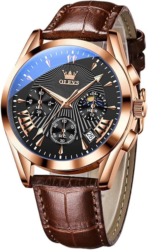 OLEVS Mens Watches-Chronograph Fashion Casual Analog Quartz Watch Waterproof, Dress Luminous Wrist Watches with Leather Strap for Men Black/Brown/White/Blue Dial on Amazon.ae - Price Tracker