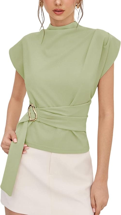 Yeokou Women Buckle Tie Top Stand Collar Belted Short Sleeve Elegant Summer Casual Blouse on Amazon.ae - Price Tracker