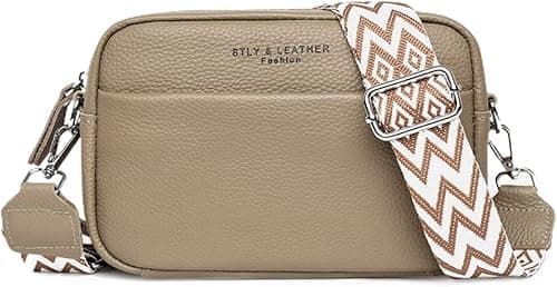 Crossbody Bag for Women Genuine Leather Wide Strap Shoulder Bag Purse Trendy Design Camera Crossbody Purse Top Zip on Amazon.ae - Price Tracker