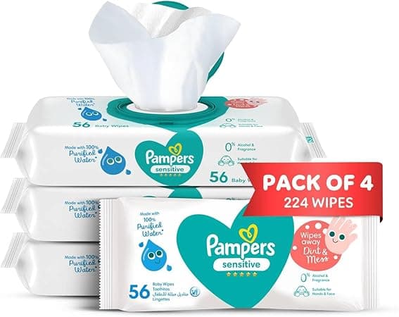 Pampers Sensitive Protect Baby Wipes with 100% Purified Water for Hands and Face, 4 Packs, 224 Count on Amazon.ae - Price Tracker