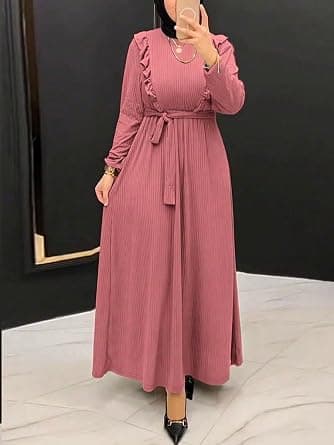 Women's Ribbed Knit Abaya Maxi Dress Ruffle Trim Round Neck Long Sleeve Self Tie Waist Modest Islamic Prayer Dress - Amazon.sa Price Tracker