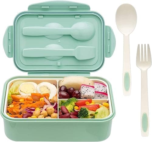 YumLock Bento Box, 3 Compartments 1402ml Lunch Box For Kids and Adults with Reusable Spoon and Fork, Leakproof Food Container for On the Go Meal, Microwave Safe (Green) on Amazon - Best Deal Finder