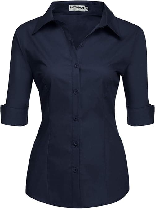 HOTOUCH Womens Blouse Cotton Shirt 3/4 Sleeve Formal Work Ladies Office Shirt Basic Fitted Shirts Button Placket Tops Short Sleeve V-Neck Top XS-XXL on Amazon.ae - Price Tracker