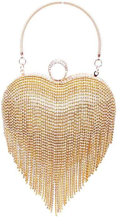 UMREN Women Luxury Heart Shape Tassel Evening Clutch Bag Rhinestones Wedding Party Purse Handbag, Gold, One size on Amazon.ae - Price Tracker