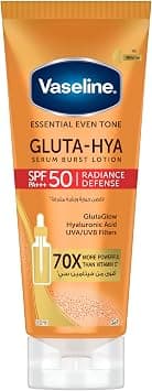 Vaseline Gluta-Hya Serum Burst Lotion, Radiance Defense, SPF 50 PA+++, with GlutaGlow Technology, Hyaluronic Acid and UVA/UVB Filters, 70x More Powerful than Vitamin C, 180ml on Amazon.ae - Price Tracker