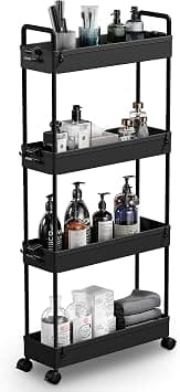 Slim Storage Cart, 4 Tier Bathroom Organizer with Mobile Shelving, Rolling Utility Cart with Slide-Out Compartments for Kitchen, Bathroom, Laundry, and Narrow Spaces - متتبع أسعار Amazon.sa