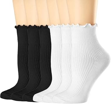 Soft combed cotton women's ankle socks with frilled lace cuffs, breathable and non-binding for edema. Includes black & white, 3 pairs, fits shoe size 5-9 on Amazon.ae - Price Tracker