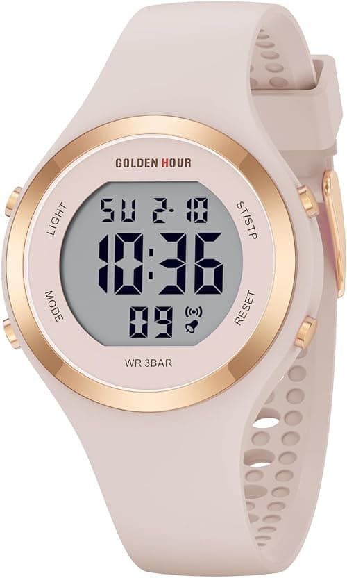 GOLDEN HOUR Digital Ladies Watches 5ATM Waterproof Sport Womens Watch with Luminous/Date/Week/Month Chronograph, Silicone Strap Swimming Watch for Women على Amazon.ae - متتبع الأسعار