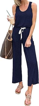 PRETTYGARDEN Women's Casual Sleeveless Solid Jumpsuit Crewneck Drawstring Waist Stretchy Long Pants Romper on Amazon.ae - Price Tracker