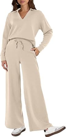 Glamaker 2-Piece Sweatsuit for Women, Casual, Long-Sleeved Polo Top and Wide-Leg Pants, Matching Set on Amazon.ae - Price Tracker
