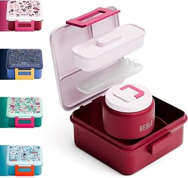 BEOLA Lunch Box for Kids with Food Jar Inside, Multi Compartment Bento Lunch Box with 240ml Food Thermos and Ice Pack, Tiffin for Kids with Insulated Steel Jar, Lightweight BPA free (Blush & Bows) on Amazon.ae - Price Tracker