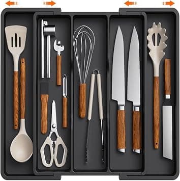 Kitchen Drawer Organizer for Utensils – Large Capacity 3 Compartments, Cutlery Tray for Knives, Forks, Spoons & Tools – Non-Slip, Durable, Black على Amazon.ae - متتبع الأسعار