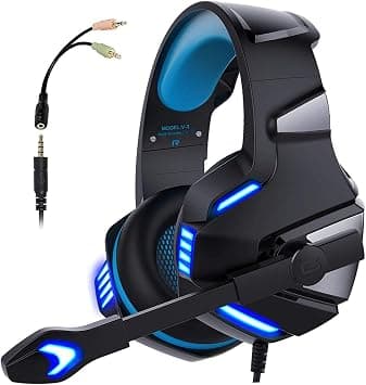 Gaming Headset, Ear Gaming Headphones with Noise Cancelling Mic, Computer Wired Headset Noise Reduction with LED Light for Laptops, Smartphones, Computers, Cool Black Blue. on Amazon - Best Deal Finder