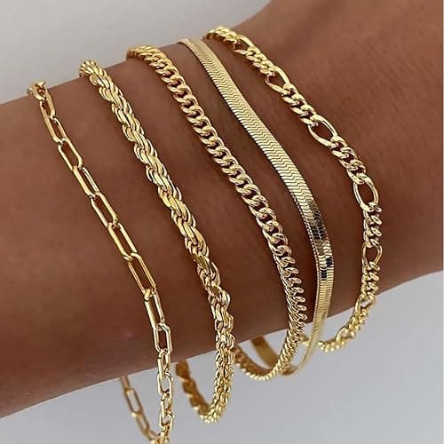 Women's 14K Gold Plated Bracelet Set, Thin Dainty Stackable Chain for Layering, Cuban Link & Paperclip Style Fashion Jewelry, Elegant Gift for Her on Amazon.ae - Price Tracker