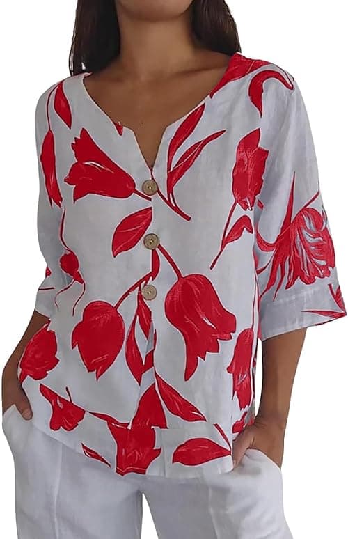 Ladies Cotton Linen Floral Print Button V Neck Short Sleeve Tops Women UK Summer Plus Size Casual Loose Fit Blouse Streetwear on Amazon.ae - Price Tracker