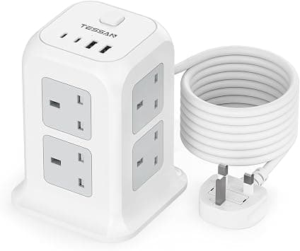 Tower Extension Lead 5M with USB C Slots, TESSAN 8 Way Multi Socket Plug Extension, Surge Protected Extension Cord with Switch, Long Extension Cable Plug Tower Power Strip for Home Office Supplies. on Amazon - Best Deal Finder
