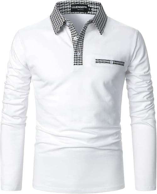 Mens Polo Shirts Long Sleeve Casual Slim fit Houndstooth Collar Golf Polo T Shirts Cotton Tops for Men on Amazon.ae - Price Tracker
