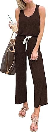 PRETTYGARDEN Women's Casual Sleeveless Solid Jumpsuit Crewneck Drawstring Waist Stretchy Long Pants Romper on Amazon.ae - Price Tracker