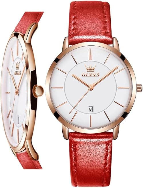 OLEVS Women Wrist Watches Ultra Thin 6.5mm Minimalist Dress Fashion Quartz Waterproof Date Day Leather Strap Slim Watches for Ladies, Red Leather&White Dial, Quartz Movement على Amazon.ae - متتبع الأسعار