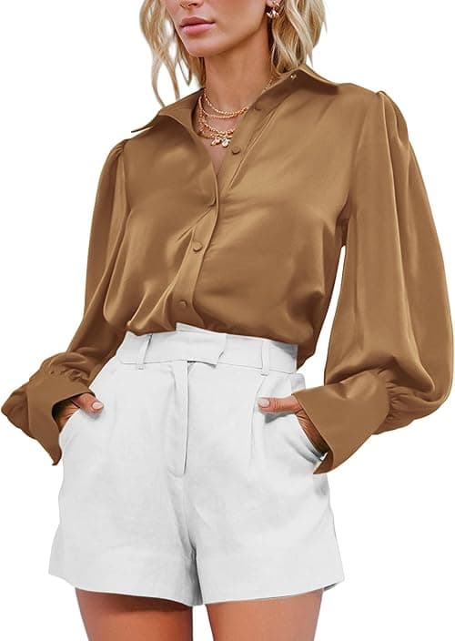 BTFBM Women's Satin Button Down Shirts Summer Fall Lantern Long Sleeve Lapel V Neck Blouse Loose Casual Office Work Tops on Amazon.ae - Price Tracker