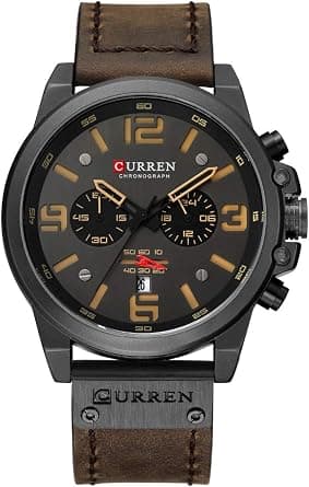 CURREN Dark Brown Chronograph Fashion Trend Multi-Function Waterproof Quartz Watch Leather Strap Military Watch (Coffee) على Amazon.ae - متتبع الأسعار