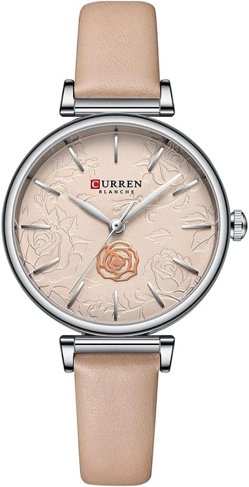 CURREN Women's Analogue Watch, Pink Detail in Carture and Texture in Background, Extendable Leatherette Adjustable Buckle Classic and Feminine Design, Pink, s, strip على Amazon.ae - متتبع الأسعار