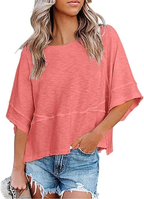 Womens Fashion T-Shirt CrewNeck 3/4 Sleeves Solid Color Loose Basic Pullover Tops Summer Casual Tees Blouses on Amazon.ae - Price Tracker