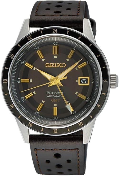 SEIKO Men's Satin Black Dial Brown Grained Leather Band Presage Automatic GMT Analog Watch on Amazon.ae - Price Tracker