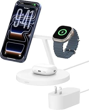 Belkin MagSafe-Compatible Charger, 3-in-1 Wireless Charging Station, Qi2-Certified 15W Wireless Charger for Apple iPhone 16 Series, Apple Watch, AirPods w/Non-Slip Base, 40W Charger Included - White | Fast Charging, MagSafe Compatible, iPhone 17/16/15, Apple Watch, AirPods, Travel Charger, Magnetic on Amazon.ae - Price Tracker