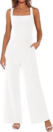 PRETTYGARDEN Summer Sleeveless Jumpsuits for Women Dressy Square Neck Wide Leg Pants Knitted One Piece Rompers with Pockets on Amazon.ae - Price Tracker