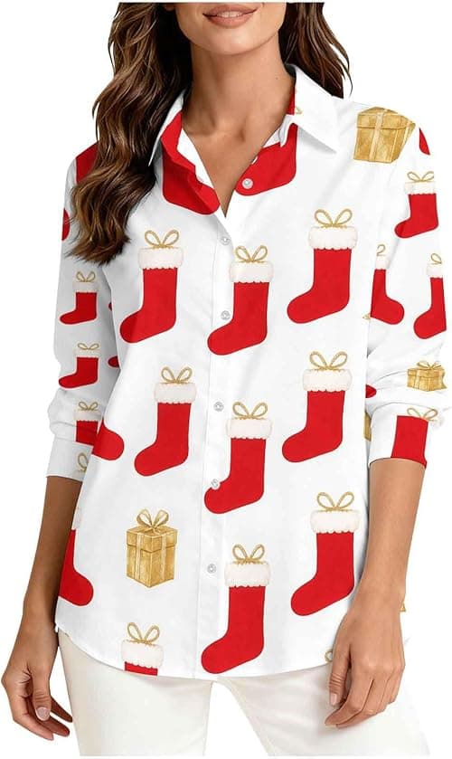Christmas Tops for Women UK Novelty Xmas Jumpers Long Sleeve Tunic Top Button Up Shirt V Neck Blouse Xmas Tree Snowflake Reindeer Jumper Striped Shirt Ugly Funny Christmas Jumpers on Amazon.ae - Price Tracker