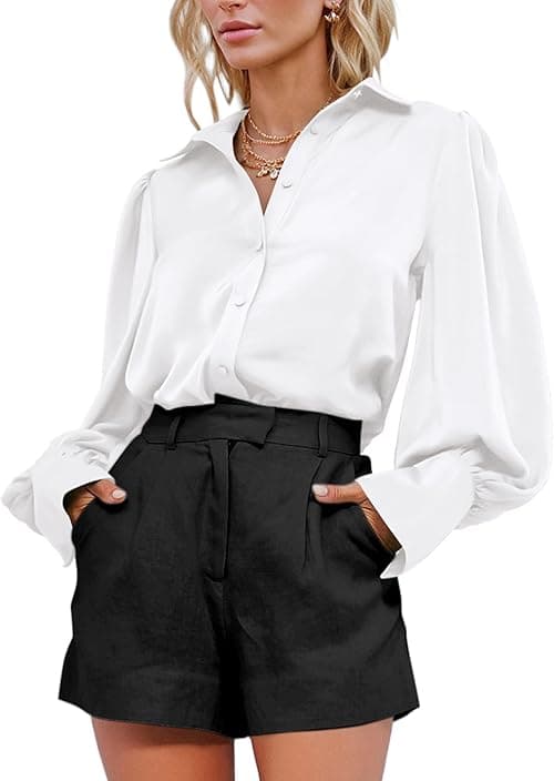 BTFBM Women's Satin Button Down Shirts Summer Fall Lantern Long Sleeve Lapel V Neck Blouse Loose Casual Office Work Tops on Amazon.ae - Price Tracker