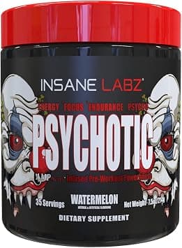 Insane Labz Psychotic High Stimulant Pre Workout Powder, Extreme Lasting Energy, Focus and Endurance with Beta Alanine, Creatine Monohydrate DMAE, Watermelon, 35 Servings على Amazon.ae - متتبع الأسعار