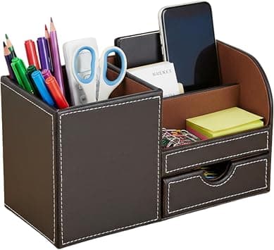 PU Leather Desktop Organizer with Drawers, Multi-functional Office Supply Storage Box for Pens, Phones, Business Cards, Desk Organizer with 3 Compartments and 1 Drawer on Amazon.ae - Price Tracker