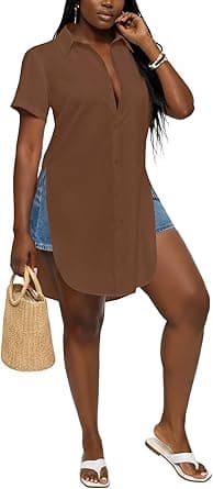 LYANER Women's Collar V Neck Button Down Slit Hem Short Sleeve Blouse Long Shirt Top on Amazon.ae - Price Tracker