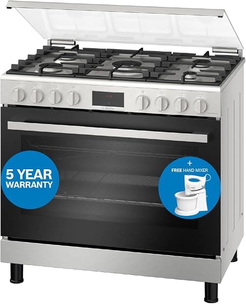 Bosch Freestanding Gas Range Cooker, HGP3ISW50M, 5 Burners, 125L Catalytic Oven, Rotisserie, Stainless Steel, 5 Year Manufacturer Warranty, German Engineering + Free Hand Mixer على Amazon.ae - متتبع الأسعار