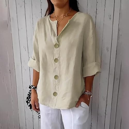 Linen Clothes for Seniors Button Down V Neck 3/4 Sleeve Shirts Casual Loose Fit Cotton Soft Summer Tunic Tops on Amazon.ae - Price Tracker