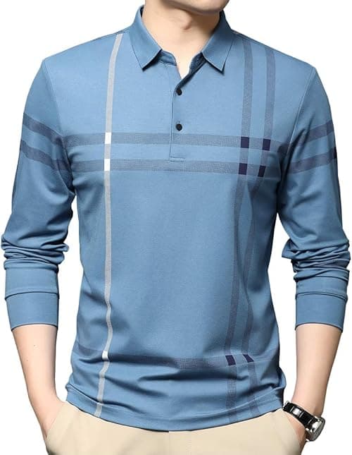 Mens Casual Striped Long Sleeve Collared T Shirt Polo Shirts on Amazon.ae - Price Tracker