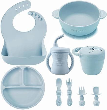 PandaEar Silicone Baby Feeding Set | 9PCS Baby Led Weaning Supplies Self Feeding Utensils | Divided Suction Plate Bowl Bibs Sippy Cup with Baby Snack Container Spoons Forks (Blue) on Amazon.ae - Price Tracker