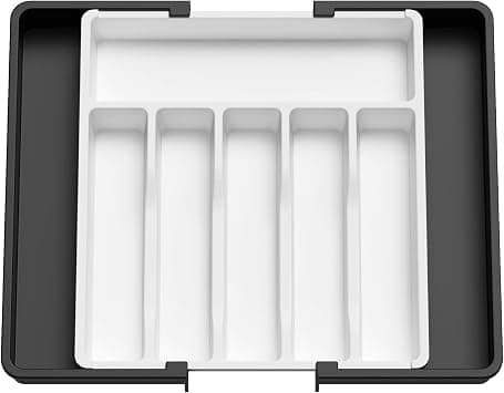 Lifewit Cutlery Tray for Drawers 40 50, Adjustable Plastic Organiser Kitchen Depth 38 cm, Cutlery Tray 6-8 Compartments, Expandable to 57 cm, for Spoons, Forks and Tableware, White and Black - متتبع أسعار Amazon.sa